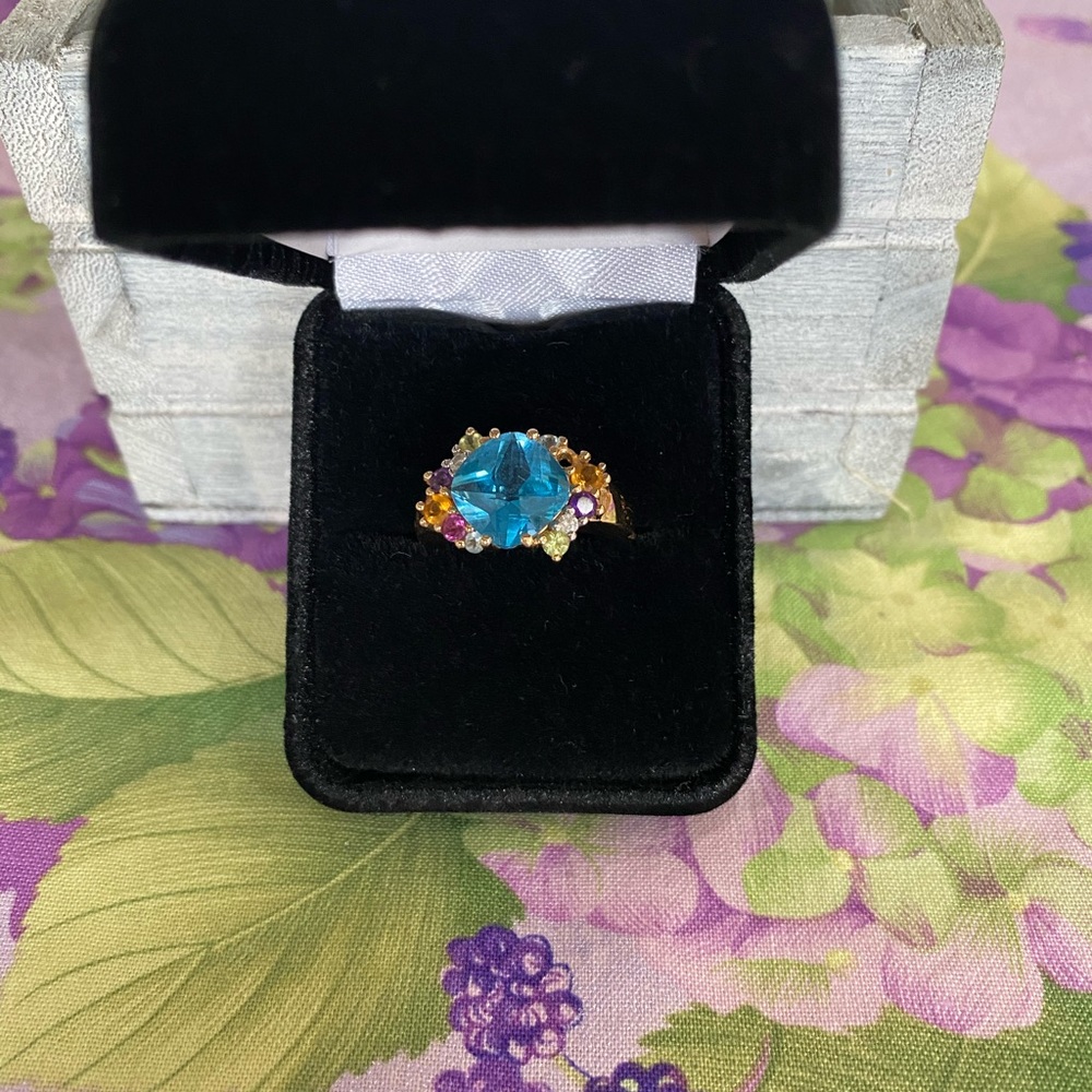 14k yellow gold blue topaz and multi gemstone ring